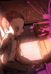  1boy arms_behind_back blood blood_splatter brown_hair cigarette coattails collared_jacket collared_shirt commentary_request danganronpa_(series) danganronpa_v3:_killing_harmony full_body grey_eyes grey_jacket grey_pants holding holding_cigarette hoshi_ryoma indoors jacket kneeling kogarashi_8 light_blush looking_ahead male_focus mouth_hold necktie official_alternate_costume open_clothes open_jacket pants parted_lips partial_commentary pink_blood red_necktie school_uniform shirt short_hair solo sunlight tile_floor tiles very_short_hair white_shirt wide-eyed 