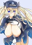  1girl bad_id bad_pixiv_id black_ribbon blonde_hair blue_capelet blue_eyes breasts capelet chaos_gerda_(gakuen)_(grimms_notes) gloves grimms_notes hanging_breasts hat highres hisao_illust huge_breasts leaning_forward long_hair multicolored_eyes nipples ribbon rope simple_background smile solo 