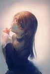  backlighting biting blurry brown_eyes brown_hair choker dress faux_traditional_media flower grin holding holding_flower long_hair looking_at_viewer looking_to_the_side muted_color namihaya original simple_background sketch smile solo upper_body 