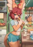  1boy ahoge animal_ears arcadius0505 blue_shorts cropped_shirt food furry furry_male green_eyes highres holding holding_food indoors kitchen looking_at_viewer navel open_mouth original red_hair refrigerator short_shorts short_sleeves shorts solo tail 