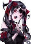  1girl black_hair blood blood_on_knife bow curly_hair fang gem genkaiiti hair_bow hair_ornament highres holding holding_knife jewelry knife lace makeup necklace open_mouth original pearl_(gemstone) pearl_necklace red_eyes twintails 