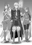  1girl 2boys :o ameno_(a_meno0) asymmetrical_clothes bare_arms boots breasts cape chrom_(fire_emblem) coat crossover falchion_(fire_emblem) fingerless_gloves fire fire_emblem fire_emblem_awakening gloves greyscale highres indoors long_hair long_sleeves lucina_(fire_emblem) monochrome mother_(game) mother_2 multiple_boys mushroom open_mouth pants pantyhose ramblin&#039;_evil_mushroom robin_(fire_emblem) robin_(male)_(fire_emblem) running short_hair small_breasts sweatdrop sword torch torn_clothes weapon 