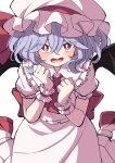  1girl absurdres bat_wings black_wings blue_hair bright_pupils hair_between_eyes hat highres looking_at_viewer mob_cap open_mouth red_eyes remilia_scarlet shirt short_hair short_sleeves simple_background sitting skirt solo touhou tsukimirin white_background white_headwear white_pupils white_shirt white_skirt wings wrist_cuffs 