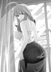  1girl :o absurdres ahoge ass bare_shoulders bra breasts clothes_pull go-toubun_no_hanayome greyscale hair_ornament highres indoors kosmos_beta large_breasts long_hair looking_down monochrome nakano_itsuki open_mouth panties panties_under_pantyhose pantyhose sideboob skirt skirt_pull solo star_(symbol) star_hair_ornament torn_clothes torn_pantyhose underwear undressing window 