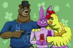 2020 4_fingers alternate_universe anthro artist_logo avian beak bear beverage big_breasts bird black_claws black_nose blonde_hair blue_eyes bonnie_(fnaf) bonnie_bunn bottomwear breasts brown_bear brown_body brown_bottomwear brown_clothing brown_eyebrows brown_fur brown_pants buckteeth chica_(fnaf) chica_chiken chicken clawed_fingers claws cleavage clothed clothing container cup eyebrows face_squish feather_hair feather_hands feathers female fingers five_nights_at_freddy&#039;s fluffy fredbear_college freddy_(fnaf) friends fur galliform gallus_(genus) gesture green_background group hair hand_on_shoulder hi_res holding_beverage holding_object lagomorph larger_male leporid logo long_ears male mammal multicolored_body multicolored_fur multicolored_hair muscular muscular_anthro muscular_female neck_tuft one_eye_closed open_mouth orange_beak orange_clothing orange_shirt orange_tank_top orange_topwear overweight overweight_anthro overweight_male pants phasianid pink_tongue pointing pointing_at_another pseudo_hair purple_body purple_bottomwear purple_clothing purple_eyes purple_fur purple_hair purple_inner_ear purple_shirt purple_shorts purple_topwear rabbit red_eyes red_hair scottgames shirt short_hair shorts simple_background size_difference skywater slim slim_anthro slim_male smaller_female smaller_male smile smiling_at_each_other squish straw tank_top teeth thick_eyebrows tongue toothed_beak topwear trio tuft ursine whiskers yellow_body yellow_feathers