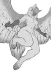 abs anthro avian breasts digitigrade feathered_wings feathers featureless_breasts female greyscale gryphon hi_res landing low-angle_view monochrome muscular muscular_female mythological_avian mythology silgiriya_mantsugosi simple_background solo spread_wings white_background wings