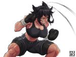  1girl abs animal_ears boxing_gloves boxing_ring boxing_shorts cat_ears cat_girl dark_skin dodging highres jamrolypoly looking_to_the_side mouth_guard muscular muscular_female original shorts signature solo thick_thighs thighs yellow_eyes 