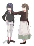  2girls :o black_footwear black_shirt blue_eyes blue_hair bow brown_hair dated dress from_side full_body hair_bow hand_on_own_hip jacket loafers long_dress long_hair long_sleeves maze_(gochama_ze_gohan) multiple_girls original pants pointing profile purple_eyes shirt shoes signature simple_background standing white_background white_pants 