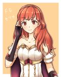  absurdres adjusting_hair arm_guards armor armored_dress bangs bare_shoulders bracer breasts cape celica_(fire_emblem) character_name copyright_name fingerless_gloves fire_emblem fire_emblem_echoes:_mou_hitori_no_eiyuuou gloves hair_ornament highres long_hair looking_at_viewer medium_breasts niba_iru!? orange_background red_eyes red_hair simple_background smile solo tiara upper_body 