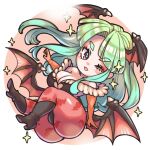  1girl animal_print ass bare_shoulders bat_print black_footwear black_leotard blunt_bangs boots breasts chibi cleavage cleavage_cutout clothing_cutout demon_girl demon_wings feather_trim full_body gloves green_hair head_wings heart_cutout highres kuwango large_breasts leotard looking_at_viewer morrigan_aensland one_eye_closed orange_gloves pantyhose parted_bangs parted_lips print_pantyhose purple_eyes smile solo sparkle strapless strapless_leotard thick_eyebrows thighs vampire_(game) wings 