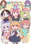  1boy 1girl 6+girls :d :o aqua_shirt ascot bare_shoulders baseball_cap beads black_dress blonde_hair blue_eyes blue_shirt blunt_bangs border box breasts brown_footwear brown_hair brown_horns brown_scarf cake can card cleavage closed_mouth confetti doughnut dragon_girl dragon_horns dress drink_can english_text food fork gift gift_box gloves gradient_hair green_eyes green_hair green_shirt grey_shirt hair_beads hair_between_eyes hair_ornament hairband hat highres holding holding_can holding_card holding_doughnut holding_fork holding_letter holding_party_popper horns huge_breasts ilulu_(maidragon) kanna_kamui kobayashi-san_chi_no_maidragon letter light_blush long_hair low_twintails lucoa_(maidragon) magatsuchi_shouta multicolored_hair multiple_girls one_eye_closed open_mouth orange_background orange_eyes orange_hair orange_horns orange_skirt outline pants party party_popper pink_dress pink_footwear playing_card pleated_skirt pointy_ears polka_dot polka_dot_background print_shirt purple_hair red_ascot red_eyes red_hair richard_(richaball) saikawa_riko scarf sharp_teeth shirt sidelocks skirt smile tail teeth thighhighs tongue twintails white_border white_footwear white_gloves white_hair white_outline white_sleeves white_thighhighs yellow_pants 