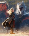  1girl armor black_cloak black_skirt blonde_hair cloak day dragon fantasy full_body grey_eyes highres holding holding_sword holding_weapon multicolored_clothes multicolored_skirt original outdoors red_skirt sam_yang skirt standing sword weapon 