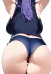  1girl absurdres anus anus_peek arms_up ass ass_focus ateoyh black_shirt blue_archive blue_buruma breasts buruma facing_away from_behind head_out_of_frame highres large_breasts long_hair purple_hair shirt simple_background solo sweat thighs white_background yuuka_(blue_archive) yuuka_(track)_(blue_archive) 