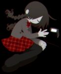  1girl black_background black_hair black_thighhighs bow braid buttons cellphone closed_eyes closed_mouth flip_phone funamusea funamusea_(artist) grey_jacket hair_over_one_eye jacket kurai_yonaka lying mogeko_castle official_art outline phone plaid plaid_bow plaid_skirt pleated_skirt promotional_art red_bow red_outline red_skirt screen_light shirt simple_background skirt solo string string_around_finger string_of_fate thighhighs twin_braids white_shirt 