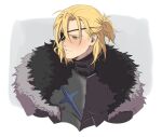  1boy armor black_armor blonde_hair blush breastplate cape dimitri_alexandre_blaiddyd eyepatch fire_emblem fire_emblem_awakening fur-trimmed_cape fur_trim highres looking_down maiqo male_focus medium_hair portrait short_ponytail simple_background sketch solo solo_focus 