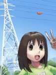 2girls absurdres azumanga_daioh blue_sky brown_eyes brown_hair clear_sky commentary day english_commentary highres kasuga_ayumu liamickpie long_hair looking_at_viewer medium_hair mihama_chiyo multiple_girls open_mouth outdoors power_lines salute sky smile sunlight transmission_tower v 