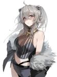  1girl ahoge animal_ear_piercing animal_ears bare_shoulders black_jacket black_shirt blue_eyes blush breasts cleavage cowboy_shot crop_top fur-trimmed_jacket fur_trim grey_hair grey_skirt hair_between_eyes highres hololive jacket jewelry large_breasts lion_ears lion_girl long_hair looking_at_viewer maenoo midriff miniskirt navel necklace off_shoulder panty_straps see-through see-through_cleavage shirt shishiro_botan shishiro_botan_(1st_costume) simple_background skirt sleeveless sleeveless_shirt solo standing virtual_youtuber white_background 
