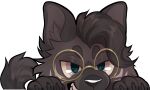abilify_(character) alpha_channel angry_eyes anthro boltie eyewear facial_markings feral glasses hair hair_over_eye head_markings hi_res hyena male mammal markings one_eye_obstructed paws peeking simple_background solo spotted_hyena sticker tail tail_motion tailwag teeth transparent_background