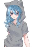  1girl absurdres animal_ear_hood blue_eyes blue_hair blush commentary_request expressionless grey_hoodie hair_between_eyes highres hololive hood hood_up hoodie hoshimachi_suisei looking_at_viewer nisi_ki_no parted_lips short_sleeves simple_background solo upper_body virtual_youtuber white_background 
