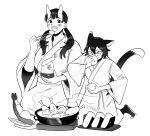  2girls animal_ears barefoot between_fingers bib_bb_bib body_fur bowl breasts cat_ears cat_girl cat_tail chicken_(food) chicken_leg chopsticks cooking_pot dungeon_meshi eating food food_on_face greyscale hair_over_shoulder hand_up hashtag_only_commentary height_difference highres holding holding_bowl holding_chopsticks holding_food horns inutade izutsumi japanese_clothes kimono kneeling large_breasts lobster long_hair long_sleeves looking_at_viewer low_twintails monochrome multiple_girls obi onigiri open_mouth plate portable_stove rice rice_on_face sash seiza short_hair shrimp shrimp_tempura simple_background sitting soup steam stove tail tempura twintails unaligned_ears wide_sleeves you&#039;re_doing_it_wrong 
