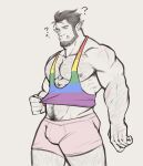  1boy absurdres axel_(axelwarriorvs) bara bare_pectorals beard boxers bulge contemporary cowboy_shot facial_hair full_beard hairy highres large_pectorals lgbt_pride male_focus male_underwear mature_male monster_boy muscular muscular_male nipples orc original partially_colored pectorals pink_male_underwear rainbow_gradient solo thick_beard thick_navel_hair thick_thighs thighs tusks underwear 