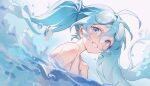  1girl absurdres ahoge aqua_hair bare_shoulders bikini blue_background blue_bikini blue_eyes cloudyman commentary english_commentary goggles goggles_on_head gradient_background hatsune_miku highres liquid_hair long_hair looking_at_viewer portrait smile solo swim_goggles swimming swimsuit upper_body very_long_hair vocaloid water 