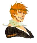  1boy artist_name black_kimono bleach collarbone commentary english_commentary grin japanese_clothes kimono kurosaki_ichigo looking_at_viewer male_focus orange_eyes orange_hair scarf short_hair smile solo thick_eyebrows transparent_background upper_body v-neck white_scarf yutaan 