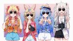  4girls ahoge animal_ears biten black_shorts blonde_hair blue_hair blue_shorts braid breasts camera camera_around_neck cleavage double_bun double_v fang fanny_pack fox_ears grey_hair hair_bun hat hawaiian_shirt heart heart-shaped_eyewear highres hololive lion_ears momosuzu_nene multiple_girls nepolabo omaru_polka pointy_ears shirt shishiro_botan shorts side_braid smile star-shaped_eyewear straw_hat sunglasses tongue tongue_out v v_over_mouth virtual_youtuber white_shorts yukihana_lamy 