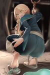 1girl absurdres ass blonde_hair blue_capelet blue_robe braid capelet dungeon_meshi flying_sweatdrops green_eyes highres holding holding_staff j.c.14 long_hair marcille_donato open_mouth pointy_ears robe sandals slime_(substance) solo squatting staff 