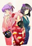  3girls :3 alternate_costume animal_print bangs bird_print bishoujo_senshi_sailor_moon black_hair blue_eyes blue_kimono bun_cover chibi_usa collarbone commentary crescent cropped_legs double_bun earrings english_commentary eyebrows_visible_through_hair fan floral_print flower hair_bun hair_flower hair_ornament hand_on_own_chest highres holding holding_fan japanese_clothes jewelry kanzashi kimono long_hair looking_at_viewer luna-p medium_hair momohara_momoko multiple_girls paper_fan parted_bangs pink_hair pink_kimono print_kimono purple_eyes purple_hair red_eyes red_kimono rurutia8 sidelocks simple_background smile tomoe_hotaru twintails wide_sleeves 