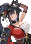  1girl absurdres animal_ears arm_up armpits azur_lane black_hair elbow_gloves fox_ears fox_girl gloves highres japanese_clothes kii_(azur_lane) kimono long_hair one_eye_closed parted_bangs ponytail red_kimono sarashi single_bare_shoulder smile soul_(dp11) upper_body white_background 