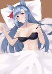  1girl alternate_costume animal_ears bare_shoulders bed black_bra blanket blue_hair blush bra breasts cleavage commentary_request double_strap_slip ear_ornament highres horse_ears horse_girl large_breasts light_blue_hair long_hair looking_at_viewer mejiro_ardan_(umamusume) miya_star_saa navel on_bed parted_lips pillow purple_eyes solo umamusume under_covers underwear upper_body very_long_hair 