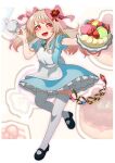  1girl alice_(alice_in_wonderland) alice_(alice_in_wonderland)_(cosplay) alternate_costume apron black_footwear blonde_hair blush cake chaos_marie_(grimms_notes) cosplay food full_body gradient_hair grimms_notes heart heart-shaped_pupils highres holding holding_teapot hoshino_pureko jewelry long_hair multicolored_hair open_mouth pendant pink_eyes pink_hair puffy_sleeves shoes smile socks solo symbol-shaped_pupils teapot white_background white_socks 