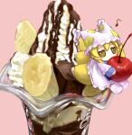  1girl banana blonde_hair blush_stickers cherry chocolate_syrup closed_mouth commentary dress food food_focus fox_tail frilled_dress frills fruit fumo_(doll) hat hat_tassel highres holding holding_food holding_fruit ice_cream jitome long_sleeves looking_at_viewer mini_person minigirl mob_cap multiple_tails musical_note on_food pink_background simple_background sitting socks solo sundae symbol-only_commentary tail touhou whipped_cream white_dress white_headwear white_socks yakumo_ran yakumora_n yellow_eyes 