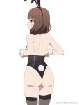  1girl absurdres alternate_costume animal_ears ass bare_shoulders blunt_bangs blush brown_eyes brown_hair coro_fae cowboy_shot from_behind highres iino_miko kaguya-sama_wa_kokurasetai_~tensai-tachi_no_renai_zunousen~ long_hair playboy_bunny rabbit_ears rabbit_tail simple_background skindentation tail thighhighs white_background wrist_cuffs 