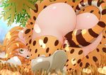  all_fours animal_ears ass bare_shoulders blonde_hair day elbow_gloves extra_ears from_behind gloves grass highres kemono_friends leaf looking_at_viewer looking_back no_panties outdoors pandemic14 serval_(kemono_friends) serval_ears serval_print serval_tail skirt solo striped_tail tail tail_censor thighhighs upskirt yellow_eyes 