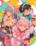  1boy 2girls absurdres alternate_costume animal_ears apron blue_eyes dan_heng_(honkai:_star_rail) enmaided frilled_apron frills glasses highres honkai:_star_rail honkai_(series) juliet_sleeves long_sleeves looking_at_viewer lop_rabbit_ears maid maid_apron maid_headdress mararu march_7th_(honkai:_star_rail) medium_hair multiple_girls pink_hair pom-pom_(honkai:_star_rail) puffy_short_sleeves puffy_sleeves rabbit_ears short_sleeves smile solo stelle_(honkai:_star_rail) trailblazer_(honkai:_star_rail) two-tone_eyes white_apron 