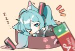  1girl ahoge animal_ears bare_shoulders black_skirt black_sleeves black_thighhighs blue_eyes blue_hair blush cat_ears cat_girl cat_tail detached_sleeves frilled_shirt frills grey_shirt hair_between_eyes hair_ornament hatsune_miku kemonomimi_mode long_hair long_sleeves looking_at_viewer miniskirt notice_lines number_tattoo one_eye_closed pet_bed pleated_skirt shirt sidelocks skirt sleepy sleeveless sleeveless_shirt solo tail tattoo thighhighs twintails very_long_hair vocaloid yuni_(irohasuiroiro) zettai_ryouiki zzz 