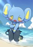  2016 beach blue_fur blush clothed clothing cloud embarrassed feline female feral fur kajiura looking_at_viewer mammal nintendo open_mouth outside pok&eacute;mon red_nose sand seaside shinx solo standing swimsuit video_games water yellow_eyes 