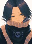  1boy aota_uno black_cloak black_hair cloak closed_mouth feitan_portor head_tilt highres hunter_x_hunter male_focus parted_bangs portrait short_hair sideways_glance simple_background skull_print smile solo turtleneck white_background 