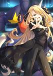  1girl black_coat black_pants black_shirt blonde_hair breasts coat cynthia_(pokemon) fur-trimmed_coat fur_trim garchomp grey_eyes hair_over_one_eye long_hair looking_at_viewer open_hand open_mouth outstretched_arm pants pokemon pokemon_(creature) pokemon_dppt shirt very_long_hair yomogi_(black-elf) 