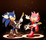  1boy 1girl 7starlightkitty7 absurdres alternate_costume amy_rose animal_ears animal_nose artist_name black_footwear blue_fur bow bowtie cable commentary dark_room dress electric_guitar english_commentary flower full_body furry furry_female furry_male gloves green_eyes guitar hair_flower hair_ornament happy headband hedgehog hedgehog_ears hedgehog_tail highres holding holding_instrument instrument looking_at_viewer official_style open_mouth pink_fur pointing pointing_up red_bow red_bowtie red_dress red_footwear rose smile sonic_(series) sonic_the_hedgehog spotlight tail tuxedo uno_yuuji_(style) white_gloves 