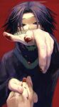  1boy black_cloak black_hair blood blood_on_hands cloak covered_mouth dripping feitan_portor grey_eyes hair_over_eyes hands_up highres holding_hands hunter_x_hunter injury looking_at_viewer male_focus out_of_frame outstretched_arm parted_bangs pov pov_hands purple_hair reaching reaching_towards_viewer red_background short_hair simple_background solo_focus torture turtleneck upper_body yamamor12490807 