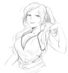  1girl belt belt_buckle breasts buckle cleavage fire_emblem fire_emblem_awakening hand_in_own_hair looking_to_the_side maiqo monochrome open_mouth robin_(female)_(fire_emblem) robin_(fire_emblem) shirt simple_background sketch sleeveless sleeveless_shirt smile solo solo_focus swept_bangs tank_top twintails white_background 