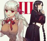  2girls albino_(a1b1n0623) black_hair black_sailor_collar black_serafuku black_shirt black_skirt bow bowtie braid breasts brown_vest closed_mouth commentary cowboy_shot dangle_earrings earrings facial_mark fate/extra fate/extra_ccc fate/grand_order fate/stay_night fate_(series) forehead_mark forehead_tattoo gold_earrings grey_hair hair_ornament hair_ribbon hand_up highres homurahara_academy_school_uniform jewelry kama_(fate) large_breasts leaning_forward light_smile long_hair long_sleeves looking_at_viewer looking_to_the_side midriff_peek multicolored_hair multiple_girls neckerchief open_mouth pink_hair pink_ribbon pleated_skirt red_bow red_bowtie red_eyes red_neckerchief ribbon roman_numeral sailor_collar school_uniform serafuku sessyoin_kiara sessyoin_kiara_(swimsuit_mooncancer) shirt simple_background skirt streaked_hair third-party_source tsukumihara_academy_uniform_(fate/extra_ccc) twin_braids very_long_hair vest white_background white_shirt 