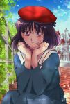  1girl artist_name beret bishoujo_senshi_sailor_moon blue_dress blurry blurry_background bush cloud cloudy_sky cobblestone day dress fence hat highres koya leaf looking_at_viewer outdoors purple_eyes purple_hair red_headwear sailor_collar shaded_face short_hair sitting sky solo tomoe_hotaru white_sailor_collar 