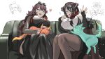  animal animal_on_lap asymmetrical_horns bare_shoulders black_hair braid breasts cat chibi colored_inner_hair demon_horns highres hololive hololive_english horns large_breasts long_hair mamarissa mamatori mature_female mole mole_under_eye mother_and_daughter multicolored_hair on_lap orange_hair paparissa red_eyes red_hair set7 smile takanashi_kiara two-tone_hair uneven_horns virtual_youtuber wrinkled_skin 