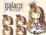  1girl akihiyo blonde_hair blue_hair brown_hair character_name chibi closed_eyes closed_mouth confused crown dress galaco light_blush long_hair looking_at_viewer looking_to_the_side mob_face multicolored_hair open_mouth orange_eyes orange_hair pink_hair smile solo standing streaked_hair tachi-e variations very_long_hair vocaloid 