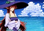  1girl blue_sky breasts cloud collarbone comic_panel_redraw commentary crossed_arms derivative_work hat helck highres ibumuc large_breasts large_hat long_hair long_sleeves ocean pointy_ears puffy_long_sleeves puffy_sleeves red_eyes red_hair shunova sidelocks sky smile solo upper_body very_long_hair wide_sleeves witch_hat 