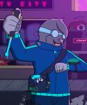 absurd_res anthro apollo_caelum background_signs bag clothing eulipotyphlan eyewear fan_character glasses gloves handwear hi_res jacket male mammal mole_(animal) neon screwdriver solo star-nosed_mole tools topwear urban